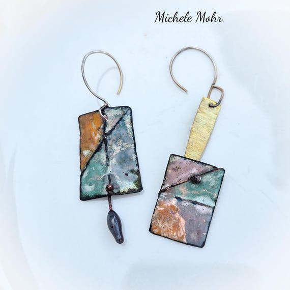 Sunshine Asymmetrical Foldformed Kiln Fired Vitreous Enamel Earrings with Nugold Accent and Sterling Silver Ear Wires