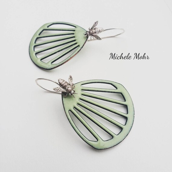 Flower and Bee Enamel Earrings with Fine Silver Ear Wires