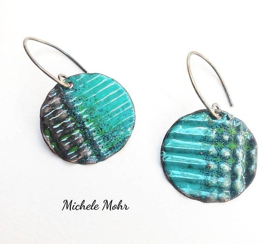 Tranquil Sea Corrugated Vitreous Enamel Earrings with Oxidized Sterling Silver Ear Wires