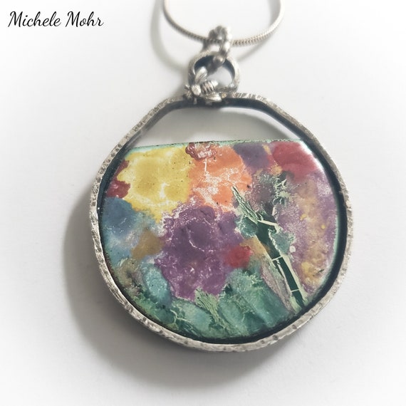 Wild Flowers Enamel and Sterling Silver Pendant on 20" Adjustable Sterling Silver Snake Chain