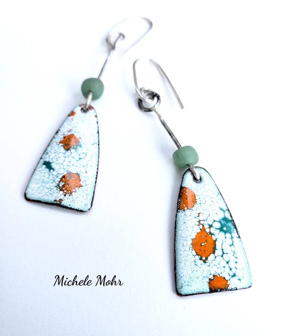 Changing Seasons Kinetic Vitreous Enamel Earrings with Sponge Quartz and Oxidized Sterling Silver
