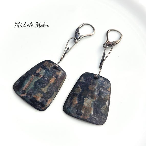 In the Shadows Brown, Blue, and Steel Gray Kinetic Enamel Earrings with Sterling Silver Lever Back Ear Wires