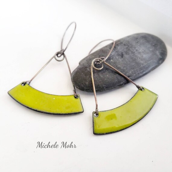Bitter Green Trapeze Enamel and Sterling Silver Earrings