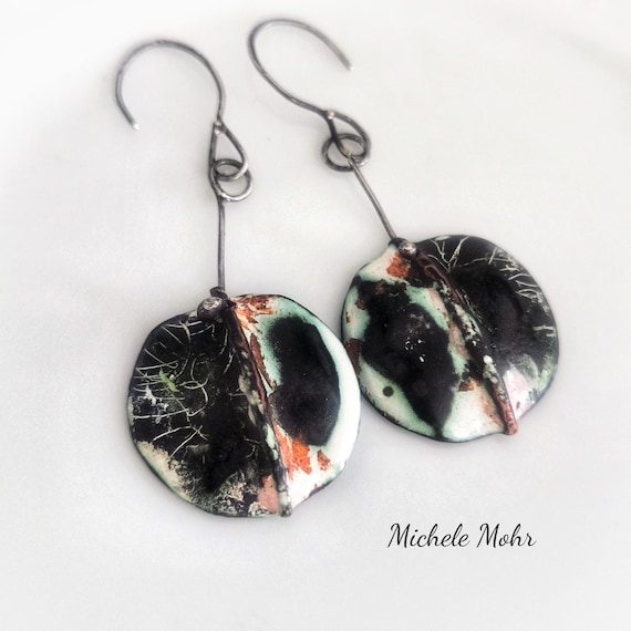 Abstract Foldformed Enamel Earrings with Sterling Silver Ear Wires; Industrial Edgy Artisan Jewelry