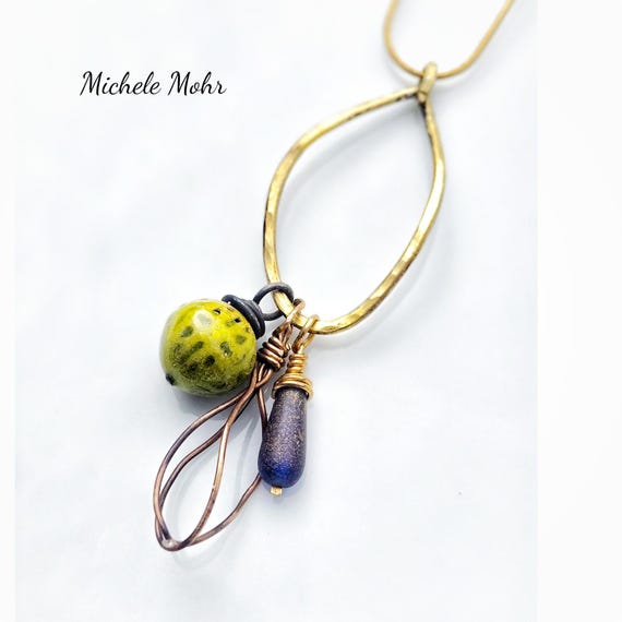 Hand Forged Brass Seed Pod Necklace: Bitter Green Enamel & Czech Glass