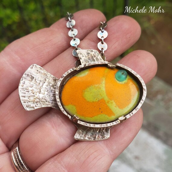 Plenty of Fish Enamel and Sterling Silver Pendant 22" Necklace