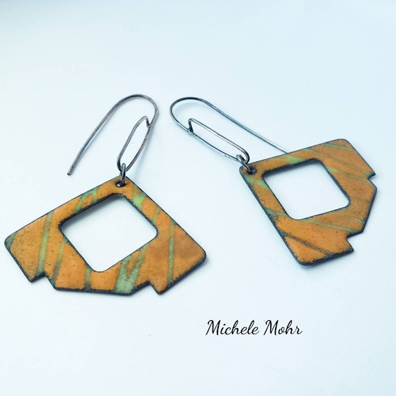 Abstract Sunser Orange and Bitter Green Vitreous Enamel and Sterling Silver Earrings