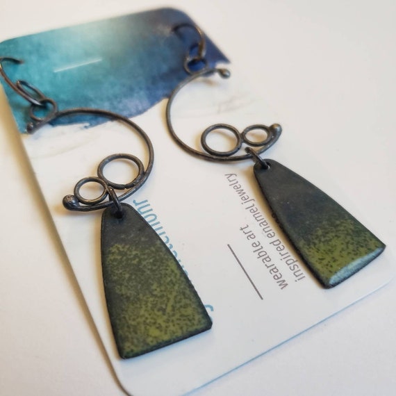 Slate Gray and Bitter Green Enamel Earrings with Oxidized Sterling Silver Hangers and ear Wires