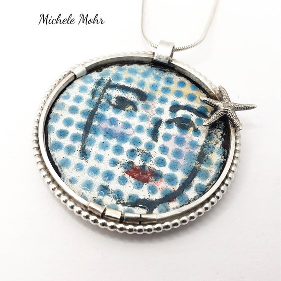 She Belongs by the Sea Vitreous Enameled Steel, Sterling Silver, and Brass Pendant Adjustable 20" Sterling Silver Chain
