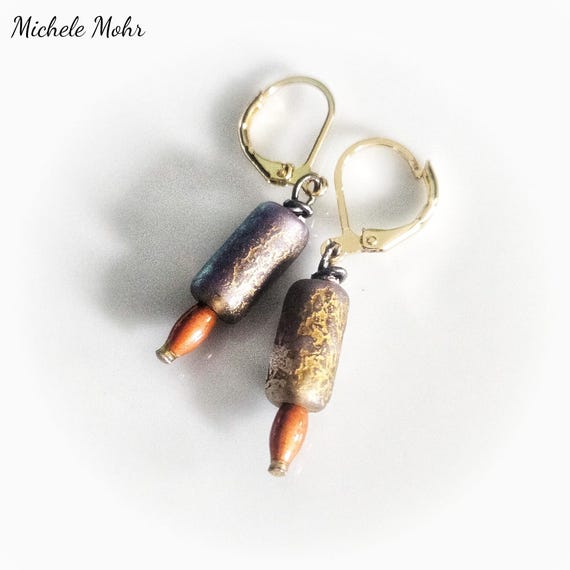 Iridescent Enamel Czech Glass Earrings, 18k Gold Plated Lever Back