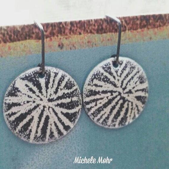 SALE Steel Gray and White Enamel Earrings with Oxidized Sterling Silver Ear Wires