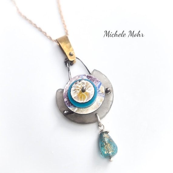 Color Me Happy Enameled Steel,  Plexiglass, Sterling Silver, Brass, and Bronze Chain Necklace