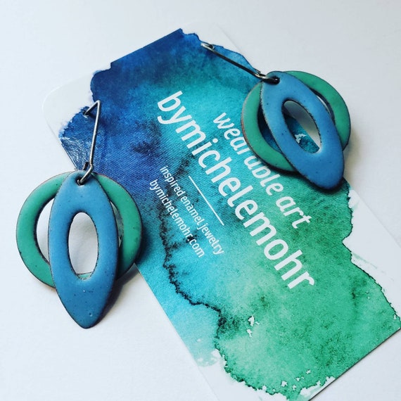 Modern Blue and Green Vitreous Enamel Earrings
