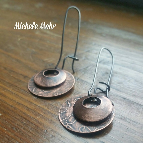 Textured Copper and Oxidized Sterling Silver Kidney Wire Earrings