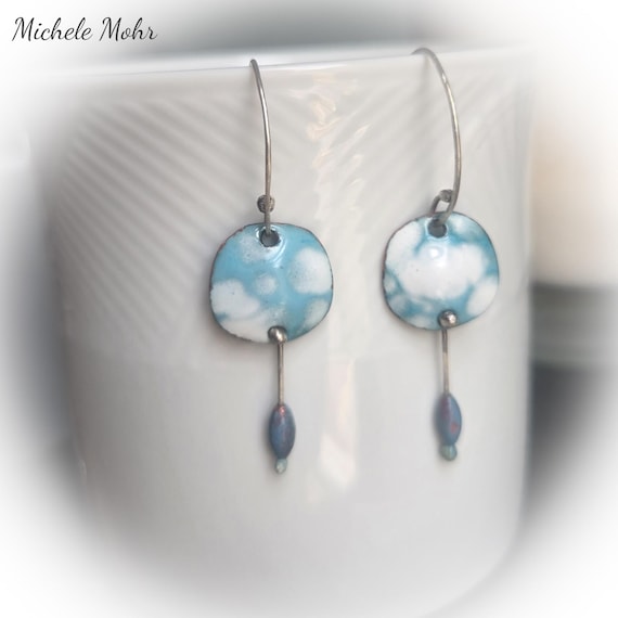 Head in the Clouds Blue and White Enamel Earrings: Sterling Silver Ear Wires