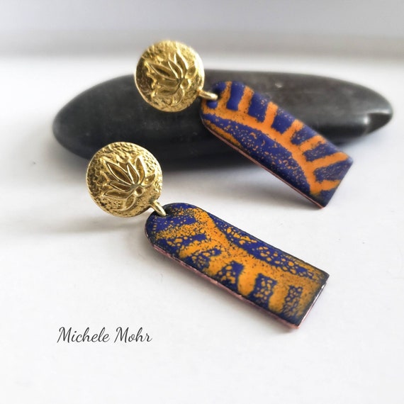 Lotus Sunrise Vitreous Enamel and Brass Earrings with Stainless Steel Posts