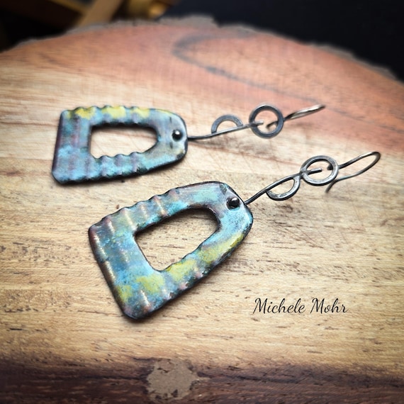 Summer in the City Vitreous Enamel and Forged Sterling Silver Earrings with Sterling Silver Ear Wires