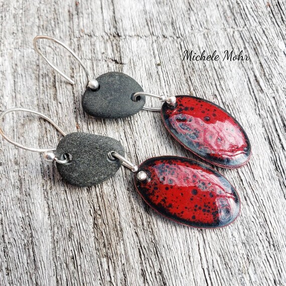 Hot Lava Vitreous Enamel and Pebble Fine Silver Earrings