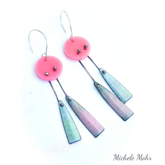 Cotton Candy Enameled Copper, Pink Plexiglass, Sterling Silver Earrings with Sterling Silver Ear Wires
