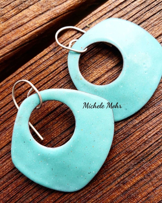 Big and Bold Seafoam Green Vitreous Enamel Earrings with Sterling Silver Ear Wires