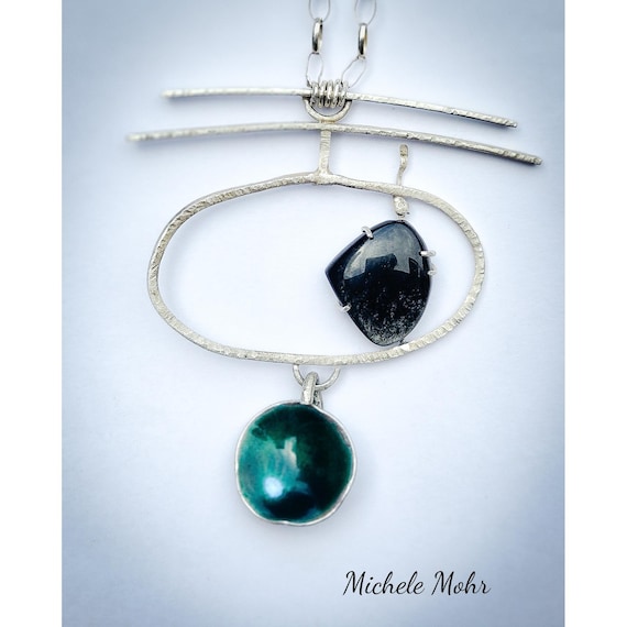 Zen Near the Water Vitreous Enamel Fine Silver and Silver Obsidian and Sterling Silver Necklace