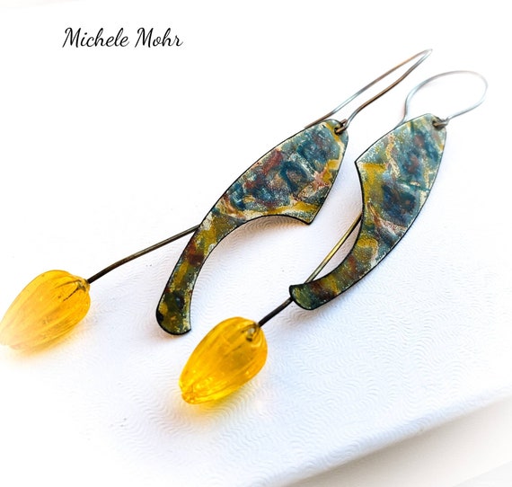 Abstract Vitreous Enameled Steel and Glass Flower Earrings with Niobium Ear Wires