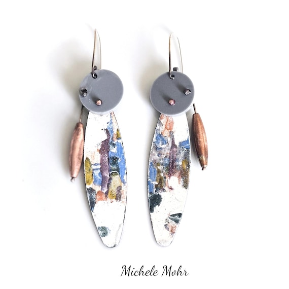 Abstract Eclectic Enameled Steel, Plexiglass Earrings with Copper Bead and  Sterling Silver Ear Wires