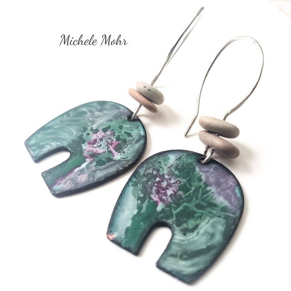 A Walk in the Garden - Vitreous Enamel, Beach Pebble and Sterling Silver Earrings