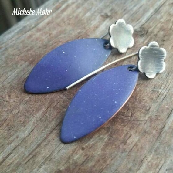Purple Enamel Copper and Sterling Silver Earrings