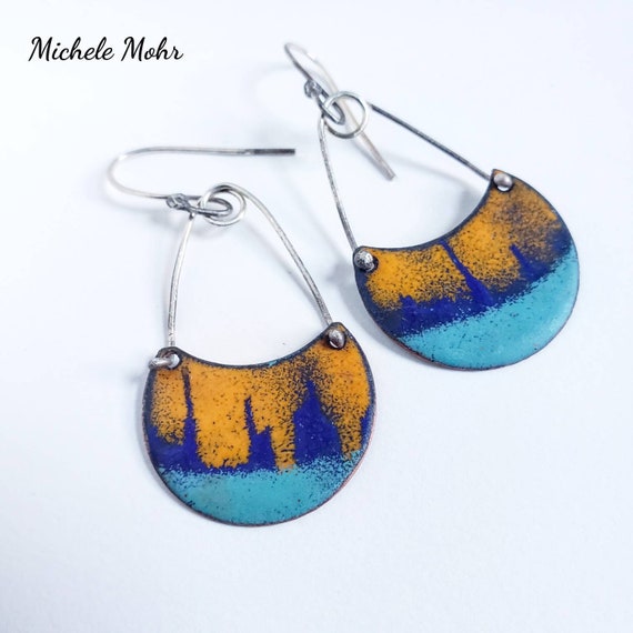 Sunset Over the City Vitreous Enamel and Sterling Silver Earrings