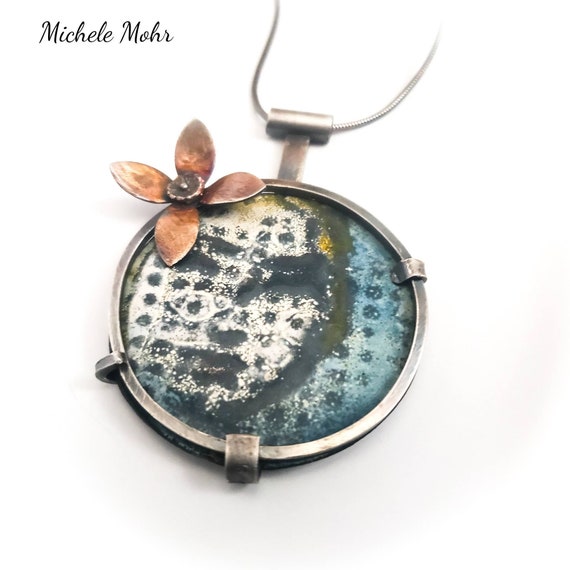 Hidden Faces Series - Vitreous Enamel Steel and Sterling Silver Pendant on Adjustable 20" Sterling Silver Snake Chain