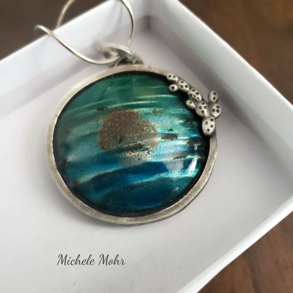 Desert Moon Vitreous Enamel and Sterling Silver Pendant Adjustable 18" Necklace