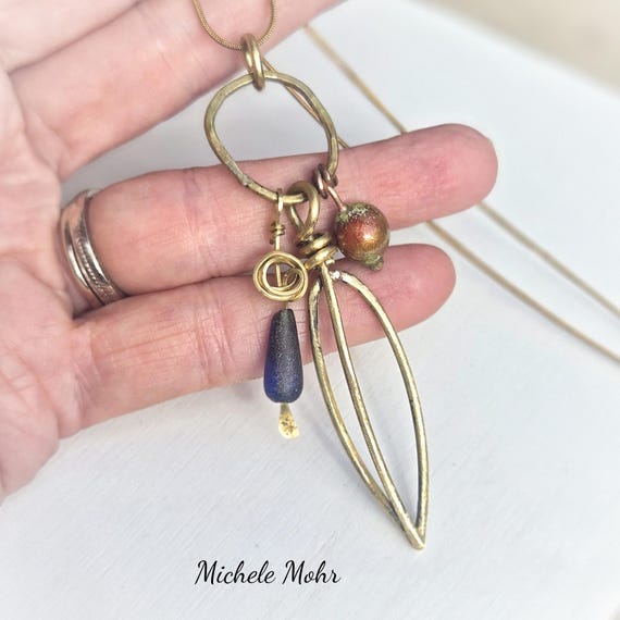 Hand Forged Brass Leaf Pendant Necklace: Czech Glass & Enamel Bead