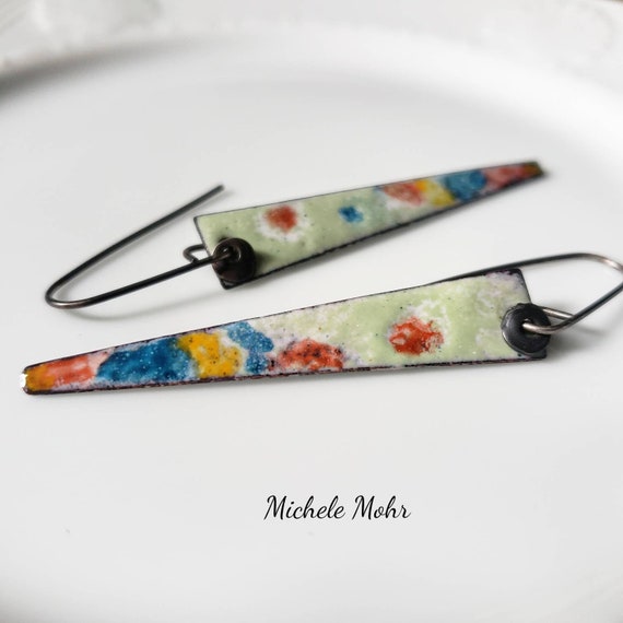 Spring's Arrival Vitreous Enamel Earrings with Oxidzed Sterling Silver Disc and Ear Wires