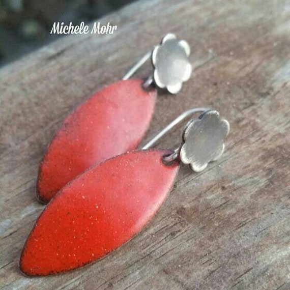 Fire Orange Leaf and Flower Enamel Copper and Sterling Silver Earrings