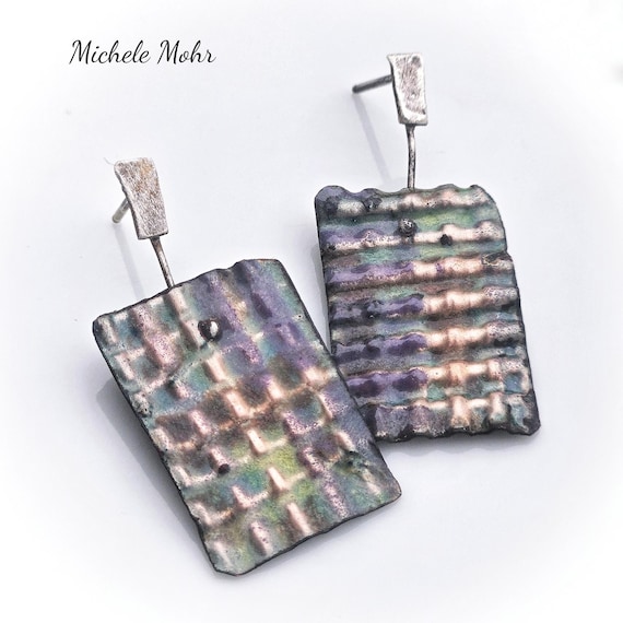 Multi-colored Corrugated Vitreous Enamel and Sterling Siver Post Earrings: Whimsical Waffle