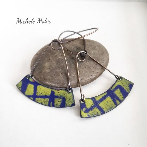 Green and Blue Enamel and Sterling Silver Trapeze Earrings