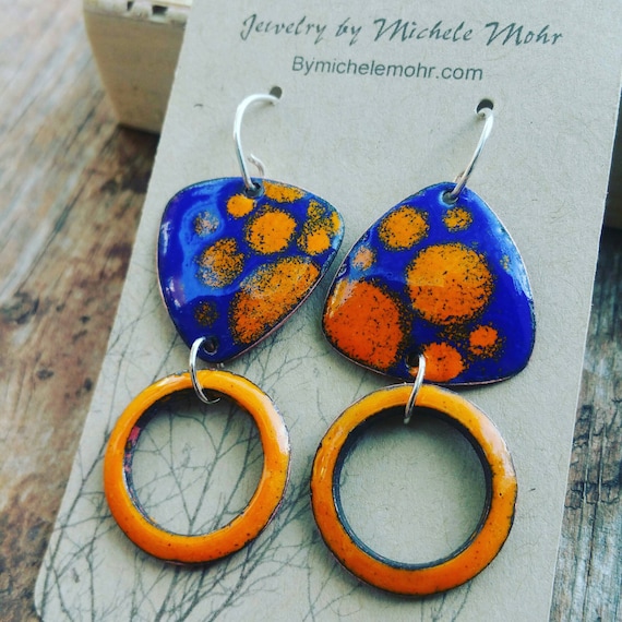Peacock Blue and Sunset Orange Vitreous Enamel Copper Earrings - Asymmetrical earrings