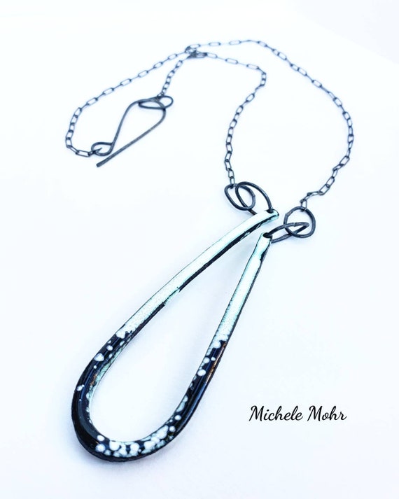 SALE Black and White Vitreous Enamel Asymmetrical Pendant Oxidized Sterling Silver Necklace
