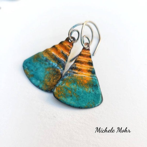 Autumn Sunset Corrugated Vitreous Enamel Earrings with Oxidized Sterling Silver Ear Wires