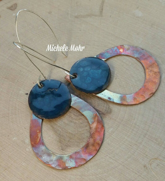 Flame painted copper teardrop earrings with water blue textured copper kiln fired vitreous enamel charms sterling silver earrings