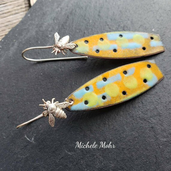 Bumble Bee Hive Abstract Vitreous Enamel and Sterling Silver Earrings
