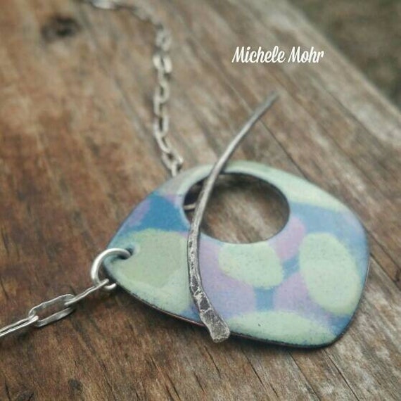 Modern Vitreous Enamel Pendant Sterling Silver 24" Necklace Front Toggle Clasp