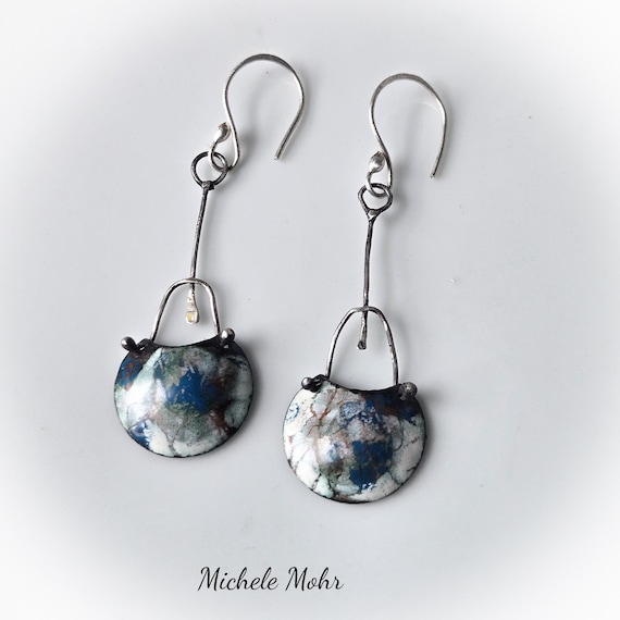 Sky View Enamel and Sterling Silver Earrings with Fine Silver Ear Wires