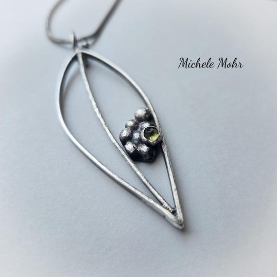 Hand Forged and Fabricated Sterling Silver Leaf Necklace: Fine Silver Accent with 5mm Peridot