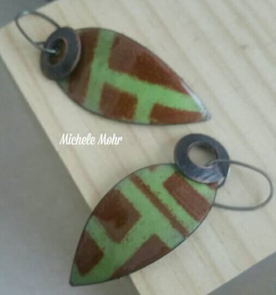 Pea Green and Brown Abstract Enamel Copper Leaf Earrings with Oxized Sterling Silver Ear Wires