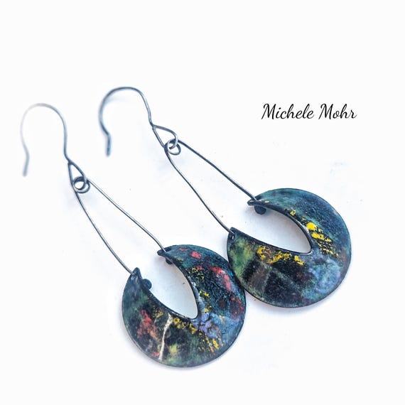 Dusk City Scape Abstact Vitreous Enamel Pendulum Earrings with Sterling Silver Ear Wires