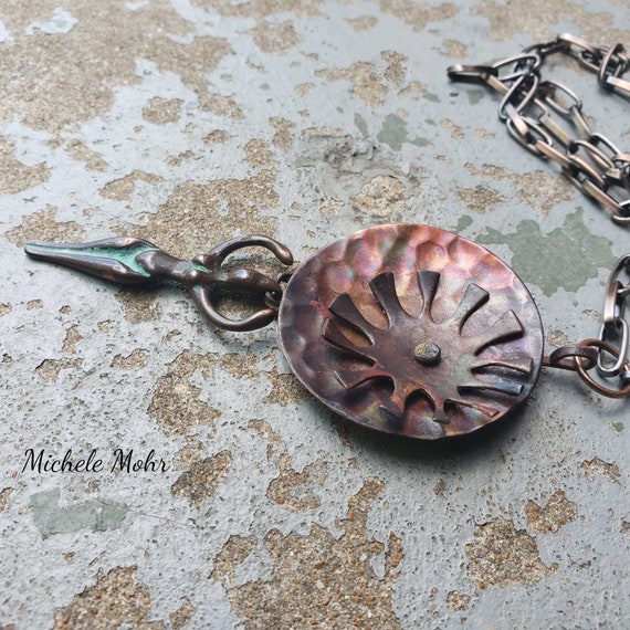 Hand Forged and Fabricated Copper Moon and Sun Goddess 24" Necklace