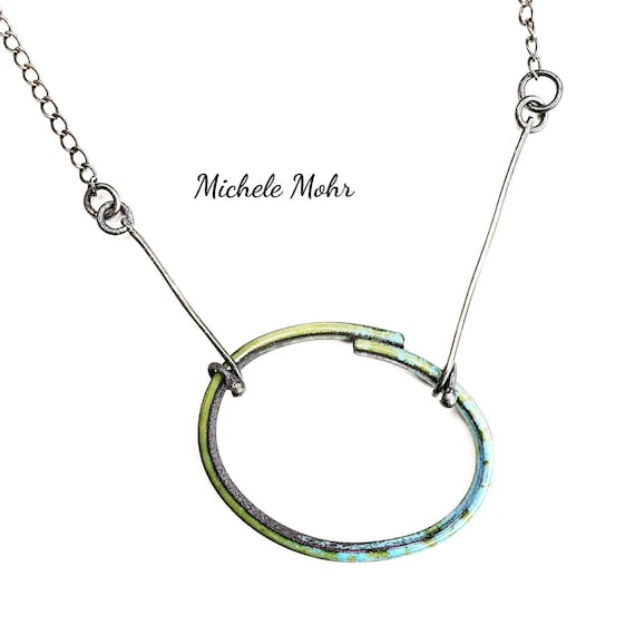 SALE - Green and Blue Oval Vitreous Enamel Pendant Oxidized Sterling Silver Necklace