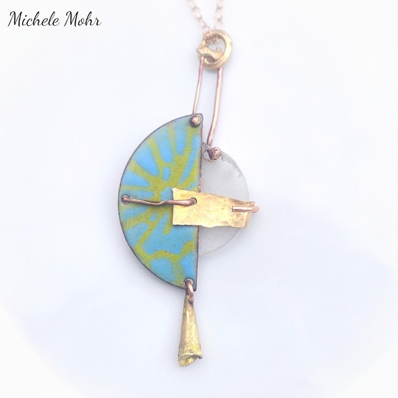 Sun and Moon Enameled Copper, Plexiglass, and Brass Necklace
